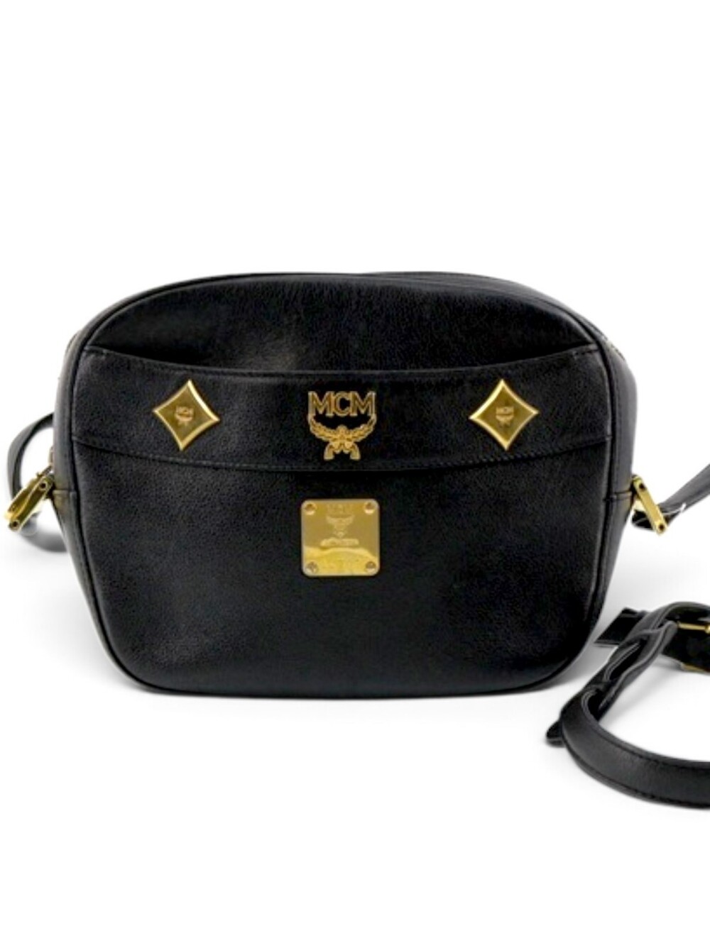 MCM Black Leather Crossbody with Gold Plaques